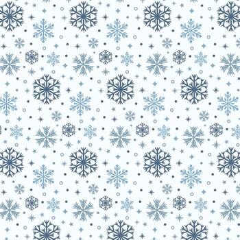 Pattern with stylized snowflakes, stars, and dots on a white background. A winter fairytale graphic for textile, paper, or web design. vector