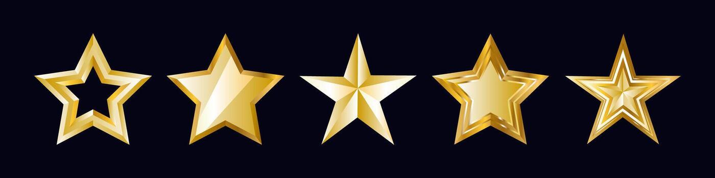 A set of five gold stars with various metallic effects. Element of a quality rating system for a review, achievement, award, or prize. vector