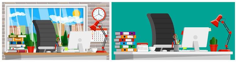 moderno oficina espacio de trabajo con computadora monitor. vector