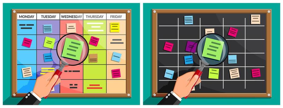Man looking at weekly calendar and task board vector