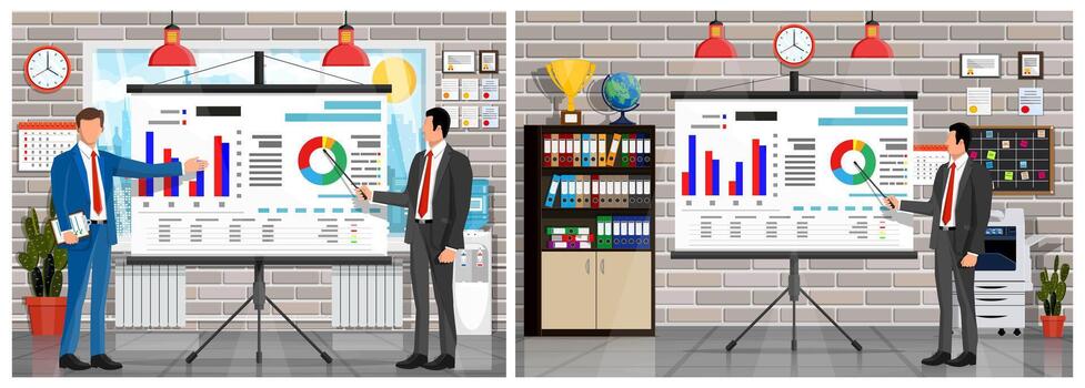 hombre dando negocio presentación con proyector vector