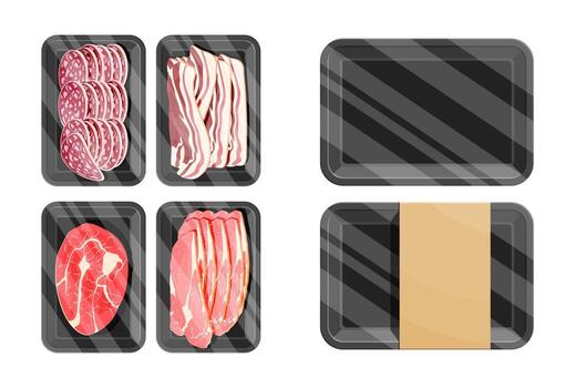 Set of meat product package tray with sliced bacon vector
