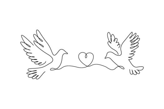 continuous single line drawing of two doves and heart vector