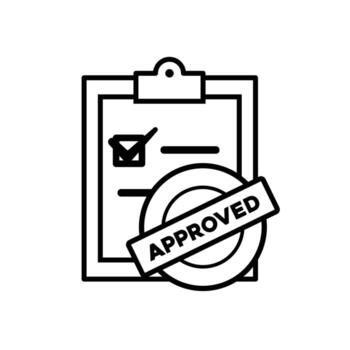 Approve icon. Management. Document and document board with approved stamp. manager, success. Outline design style vector