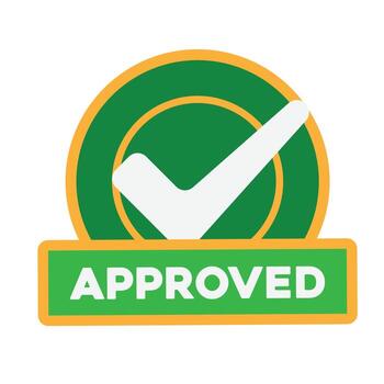 Approve icon. Management. Circle with a check mark and the word approved underneath. manager, success. Flat design style vector