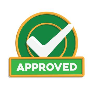 Approve icon. Management. Circle with a check mark and the word approved underneath. manager, success. Isometric design style vector