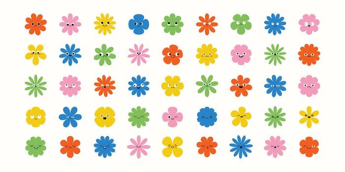 Fun set of stylized floral faces in flat cartoon style. Features silly, calm, furious, and amazed expressions. A bold, colorful mix of playful character and petal design. vector