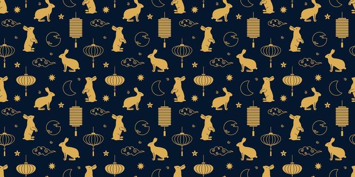 Mid-autumn seamless pattern on black background. Gold rabbit, moon, lantern for tile and fabric square design. illustration in flat style. Chinese traditional backdrop for poster banner card vector
