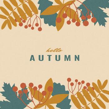 Hola otoño ilustración con hojas marco. mano dibujado minimalista ilustración con grano textura. otoño temporada antecedentes vector