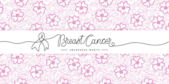 Breast Cancer Awareness Month line art background with ribbon. Simple web banner with flower pattern and hand drawn lettering. One continuous line text. illustration vector
