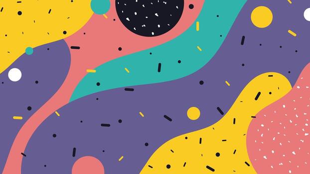 Playful abstract background inspired by memphis style featuring bold colors fluid shapes dots and patterns ideal for posters covers branding digital art and creative projects vector