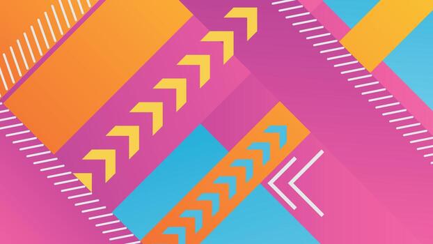 Bright abstract background featuring bold diagonal stripes arrows and geometric shapes in pink orange yellow and blue creating a modern and dynamic design for creative projects vector