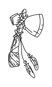 Tomahawk hammer, Native American weapon in style doodle. sharp rounded blade on wooden handle tied with leather, thread, feathers. Handmade. Engraving, graphics, shading. American Indians vector