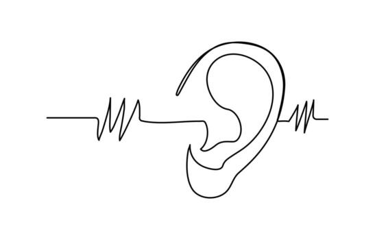 Minimal continuous one line drawing of ear with sound waves elegant single line art illustration icon vector