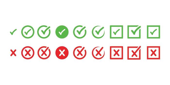 Right and Wrong Button Icons Illustration with Green Tick and Red Cross for UI vector