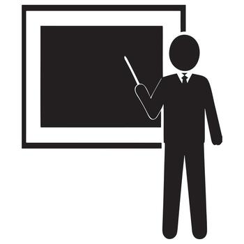 Silhouette of a teacher standing in front of a chalkboard with a pointer representing classroom teaching education learning knowledge sharing and academic instruction vector