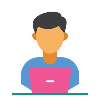 hombre trabajando en un ordenador portátil computadora. plano diseño personaje ilustración para remoto trabajar, en línea estudiar, o Lanza libre conceptos. vector