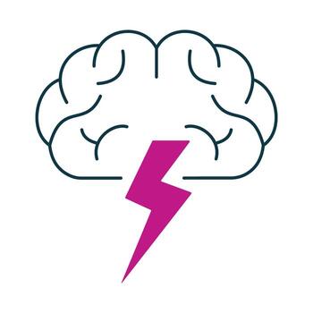 Brainstorming and creativity icon with a brain outline and a magenta lightning bolt. Symbol for innovation, inspiration, and bright ideas. vector