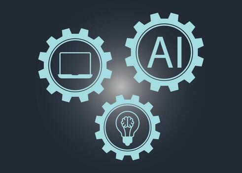 Artificial Intelligence concept with glowing gears. Icons for AI, machine learning, and smart technology symbolizing automation. vector