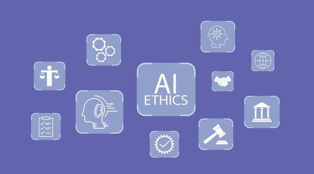 artificial inteligencia ética principios concepto. un web de íconos para justicia, transparencia, y responsabilidad en tecnología. vector