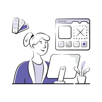 Beautifully designed hand drawn illustration of a web designer working on a website layout. vector