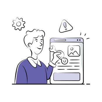 A developer performing website maintenance with tools and mobile interface. vector