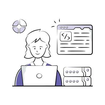 Programmer managing database programming with coding and server tools. vector