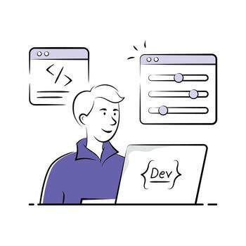 Hand drawn illustration of a software developer working on a laptop. vector