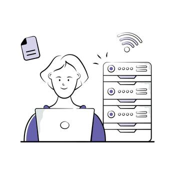 un estilizado ilustración de un mujer utilizando un computadora portátil, con un web hospedaje servidor en el antecedentes. vector