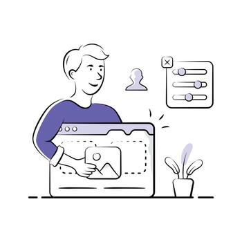 Hand drawn style illustration of a web designer working at a computer. vector