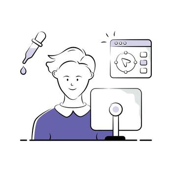 Hand drawn style illustration of a web designer working at a computer vector