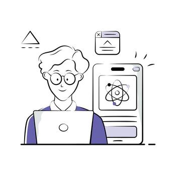A stylized illustration of a programmer, working on a laptop and a mobile device. vector