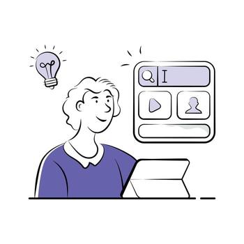 desarrollador buscando digital contenido con aumentador vaso y ordenador portátil. vector