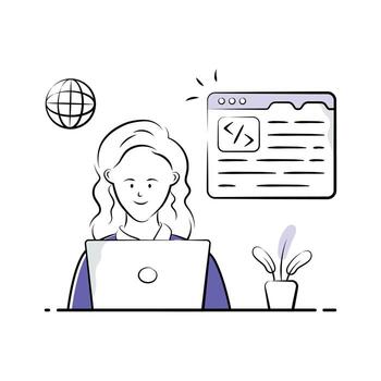 mujer trabajando en web desarrollo proyecto, enfocado en codificación, Listo a utilizar ilustración vector
