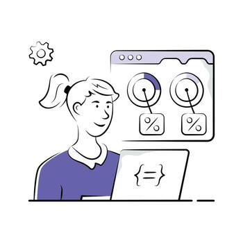 Programmer working on precise coding with charts and development tools. vector