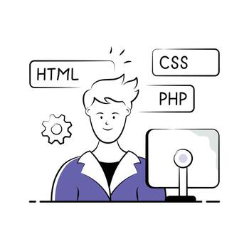 mano dibujado ilustración de un web desarrollador con html, css, y php programación idiomas vector