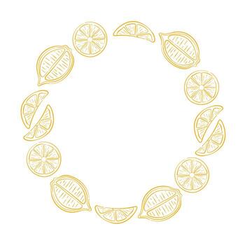 Circular frame border made of line art style lemon slices on white background with empty center space for text or design. vector