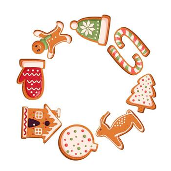 Christmas gingerbread cookies in circular frame including man, mitten, tree, house, candy cane and reindeer shape with icing in cartoon style. vector