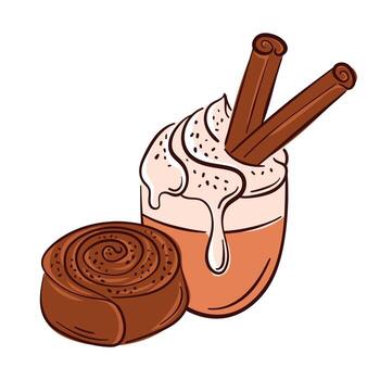 Flat style illustration of cinnamon bun, stick and coffee with whipped cream for bakery menu and packaging design. vector