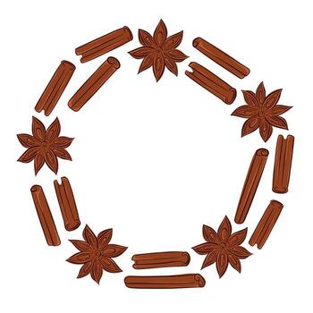 Decorative circular frame with cinnamon sticks and star anise in flat style on a white background. Perfect for food and spice design packaging, postcard. vector
