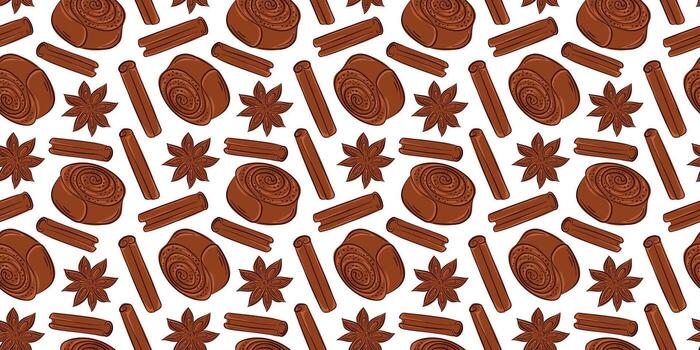 sin costura modelo con canela rollo, palo y estrella anís en plano estilo. Perfecto para panadería paquete, desayuno menú antecedentes y postre entrega. vector