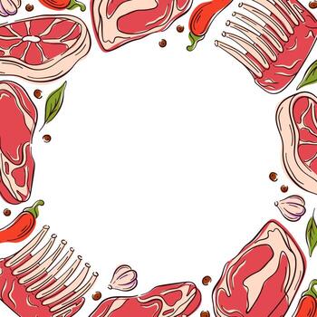 Illustration of assorted raw meat cuts with herb, pepper, garlic and spice arranged in a border on a white background in flat style. vector