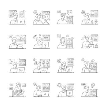 Take a look at this amazing hand drawn illustration set of web development team members working on diverse digital projects. vector
