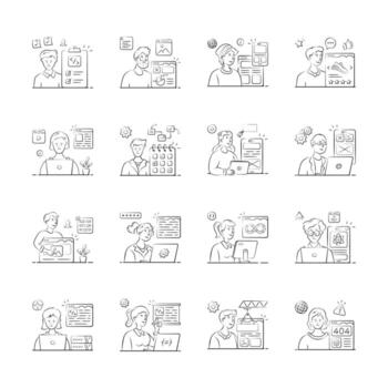 A set of illustrations showcases a variety of web developers working on different digital projects. vector