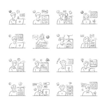 A set of illustrations depicts a diverse team of web developers working on various aspects of website creation and maintenance. vector