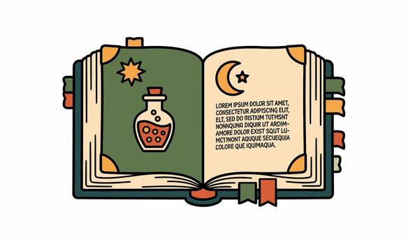 Ancient Open Spellbook with Potion and Celestial Symbols. vector