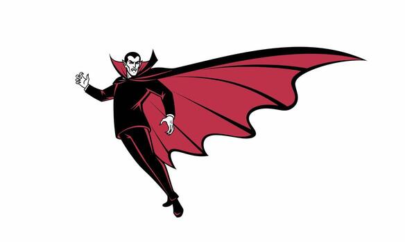 Classic cartoon vampire in black suit and flowing red cape, floating with a raised hand, showing fangs. vector