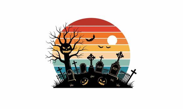 Retro Halloween Graveyard Scene with Smiling Tree. vector