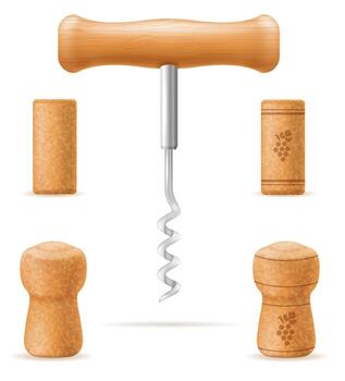 Corkscrew and wine corks on a white background vector