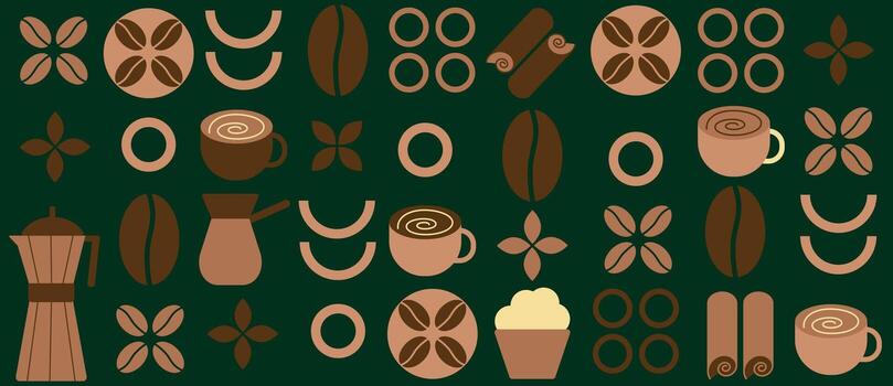 Geometric coffee and tea pattern in Bauhaus style. Abstract print background with simple shapes for coffee shop, food packaging, cafe wall, menu. vector
